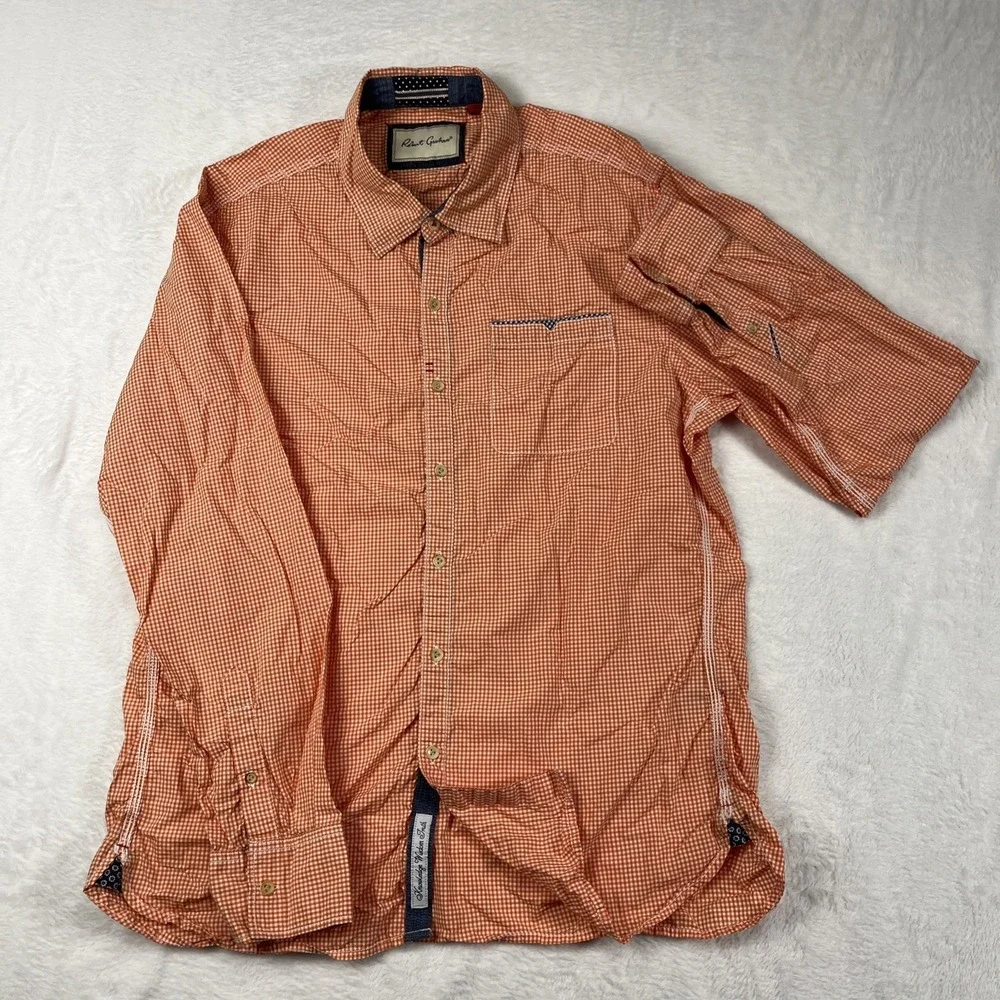 Robert Graham Shirt Mens XL Orange Gingham Tailored Fit Button Up‎ Lightweight